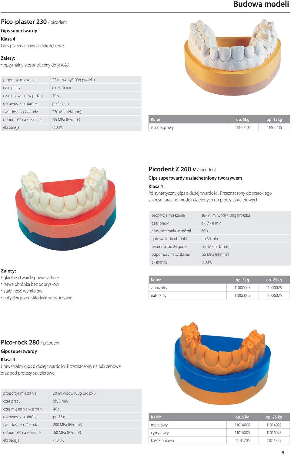 15kg jasnobrązowy 11460405 11460415 Picodent Z 260 v / picodent Gips supertwardy uszlachetniony tworzywem Klasa 4 Półsyntetyczny gips o dużej twardości.