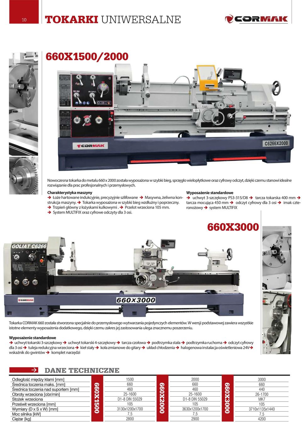 Trzpień główny z łożyskami kulkowymi. Przelot wrzeciona 105 mm. System MULTIFIX oraz cyfrowe odczyty dla 3 osi.