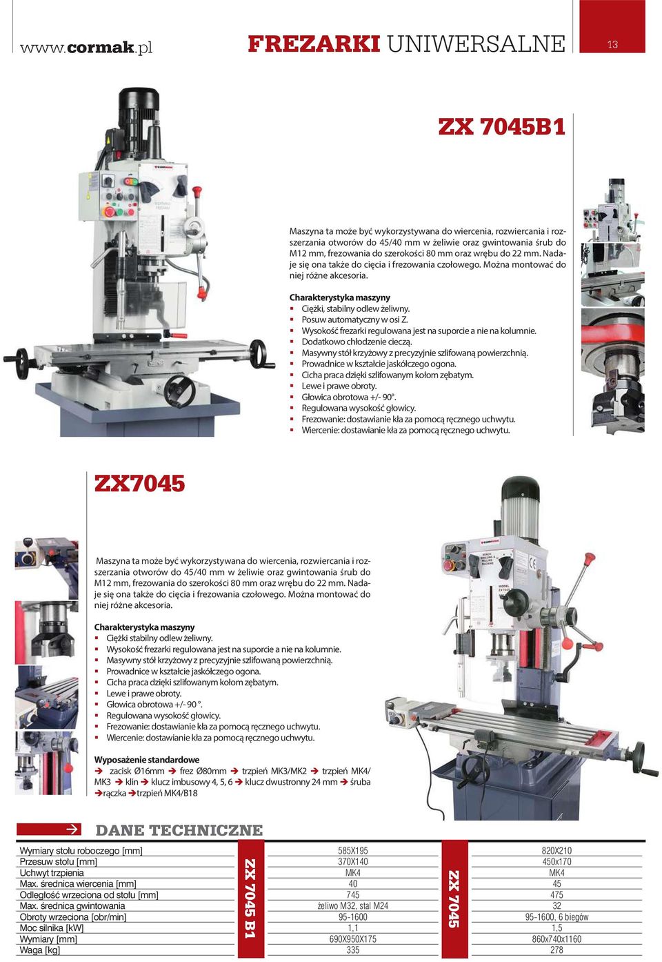 szerokości 80 mm oraz wrębu do 22 mm. Nadaje się ona także do cięcia i frezowania czołowego. Można montować do niej różne akcesoria. Ciężki, stabilny odlew żeliwny. Posuw automatyczny w osi Z.