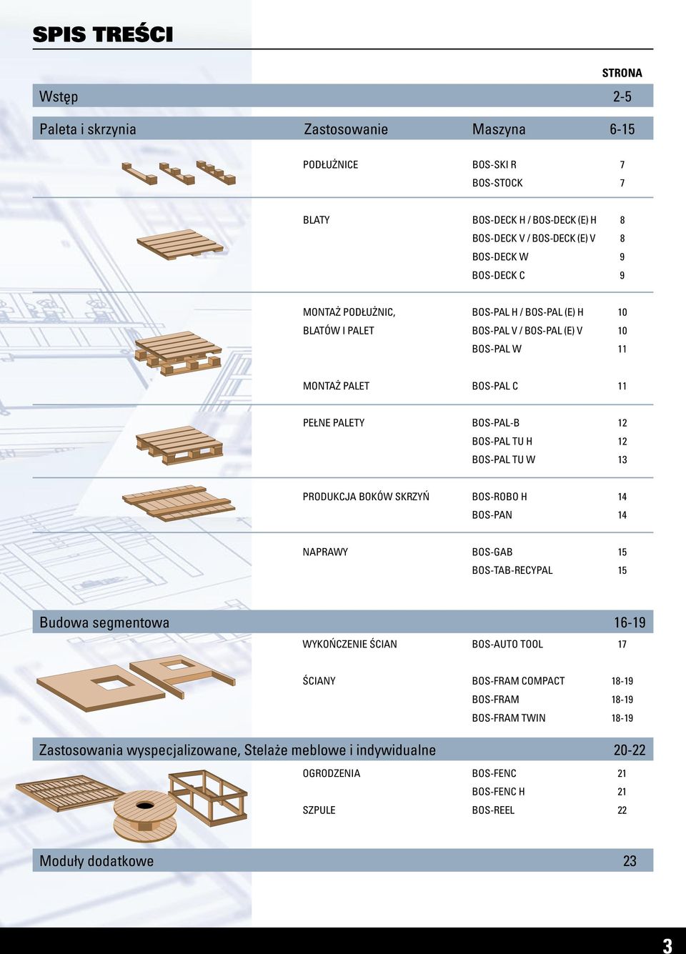12 BOS-PAL TU W 13 PRODUKCJA BOKÓW SKRZYŃ BOS-ROBO H 14 BOS-PAN 14 NAPRAWY BOS-GAB 15 BOS-TAB-RECYPAL 15 Budowa segmentowa 16-19 WYKOŃCZENIE ŚCIAN BOS-AUTO TOOL 17 ŚCIANY BOS-FRAM