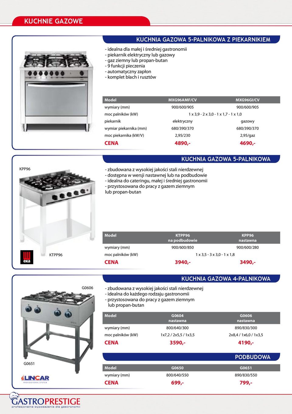 piekarnika (mm) 680/390/370 680/390/370 moc piekarnika (kw/v) 2,95/230 2,95/gaz CENA 4890,- 4690,- KUCHNIA GAZOWA 5-PALNIKOWA KPP96 - zbudowana z wysokiej jakości stali nierdzewnej - dostępna w