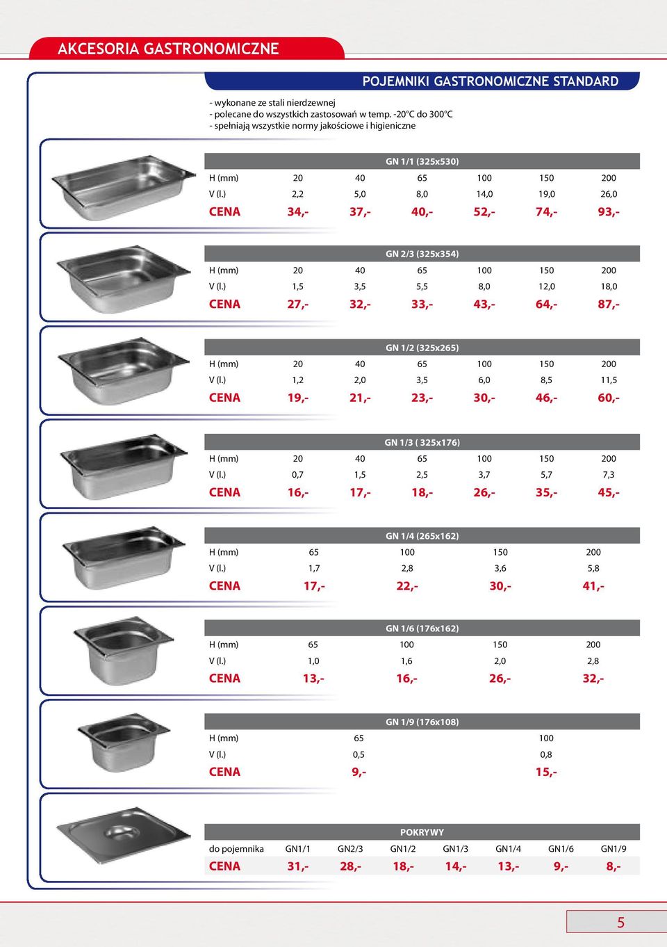 ) 2,2 5,0 8,0 14,0 19,0 26,0 CENA 34,- 37,- 40,- 52,- 74,- 93,- GN 2/3 (325x354) H (mm) 20 40 65 100 150 200 V (l.