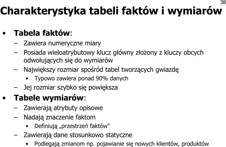 ponad 90% danych Jej rozmiar szybko się powiększa Tabele wymiarów: Zawierają atrybuty opisowe Nadają znaczenie faktom