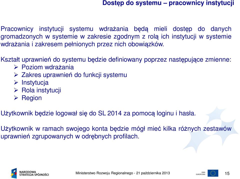 Kształt uprawnień do systemu będzie definiowany poprzez następujące zmienne: Poziom wdrażania Zakres uprawnień do funkcji systemu Instytucja Rola