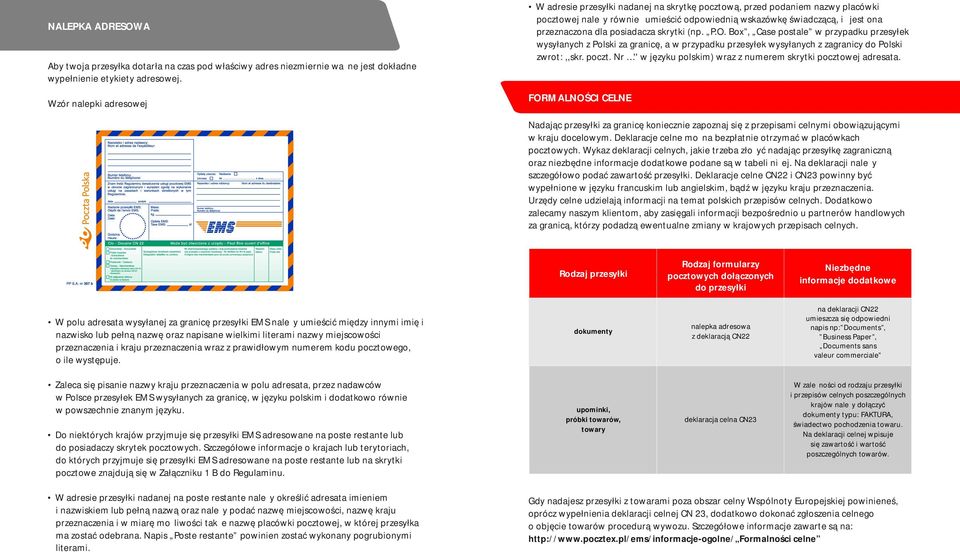 posiadacza skrytki (np. P.O. Box, Case postale w przypadku przesyłek wysyłanych z Polski za granicę, a w przypadku przesyłek wysyłanych z zagranicy do Polski zwrot:,,skr. poczt.