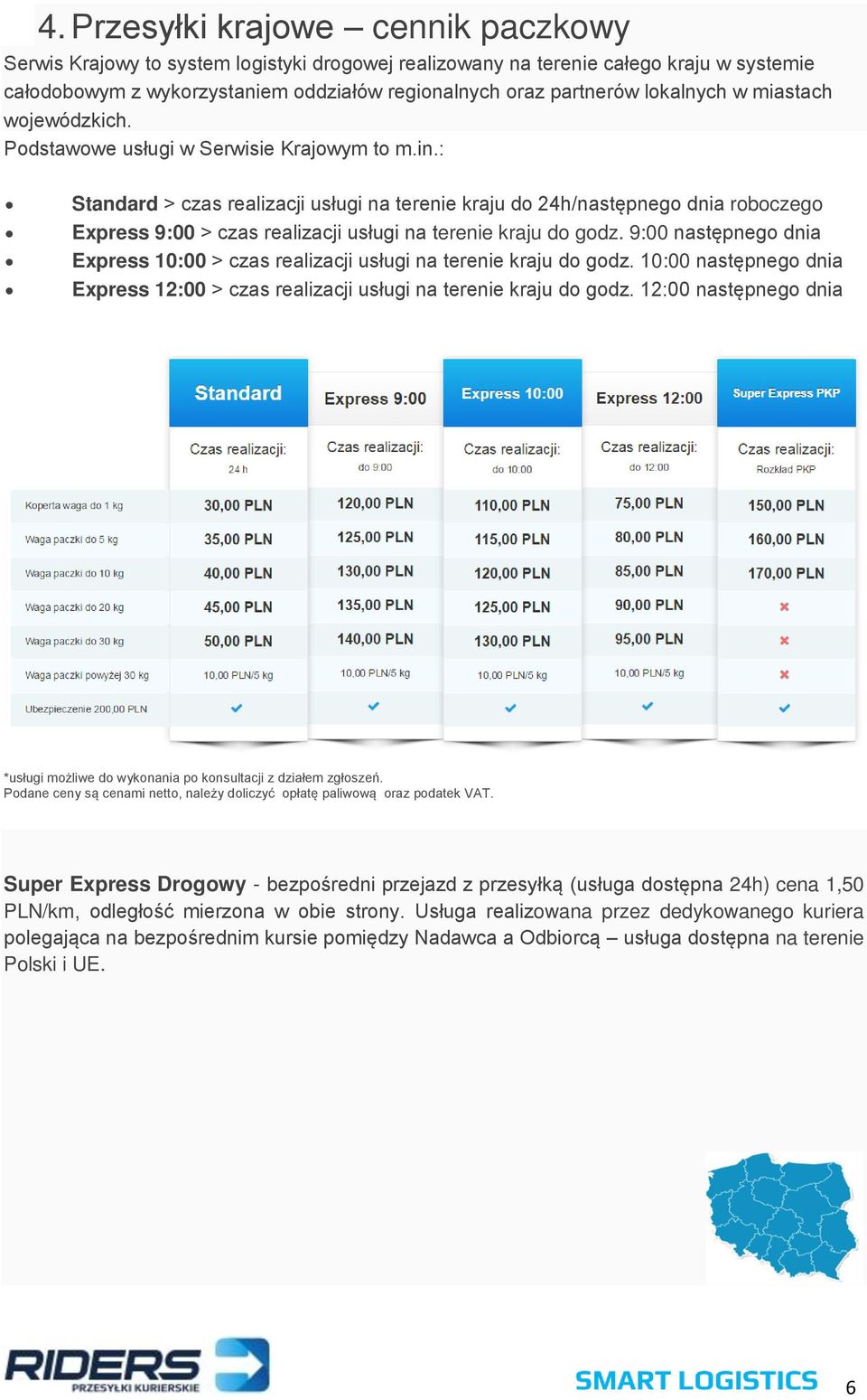 : Standard > czas realizacji usługi na terenie kraju do 24h/następnego dnia roboczego Express 9:00 > czas realizacji usługi na terenie kraju do godz.