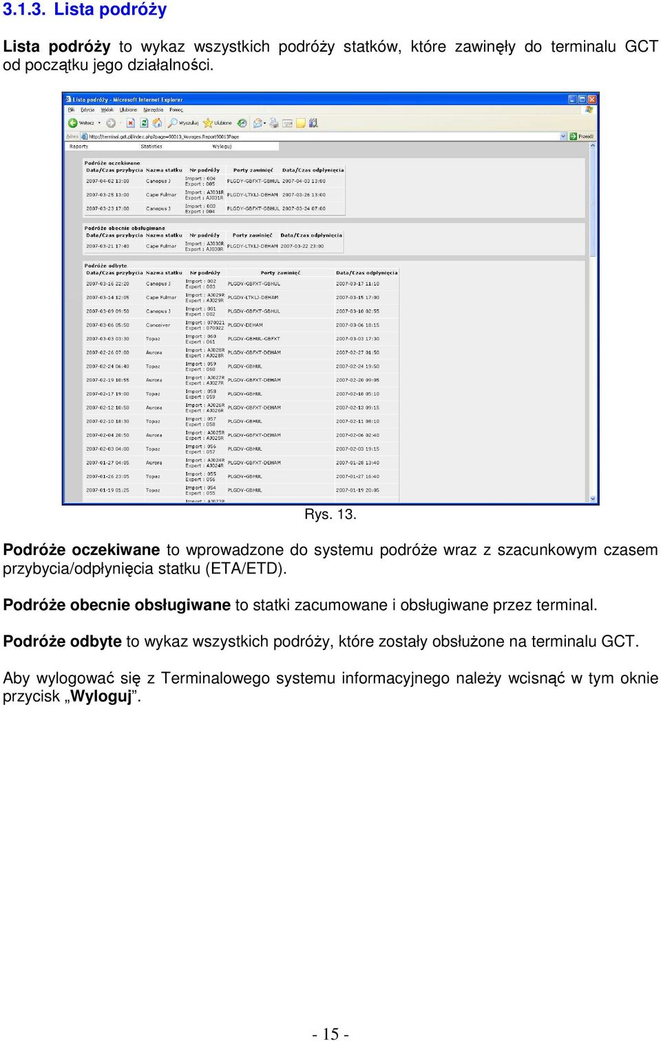 Podróże obecnie obsługiwane to statki zacumowane i obsługiwane przez terminal.