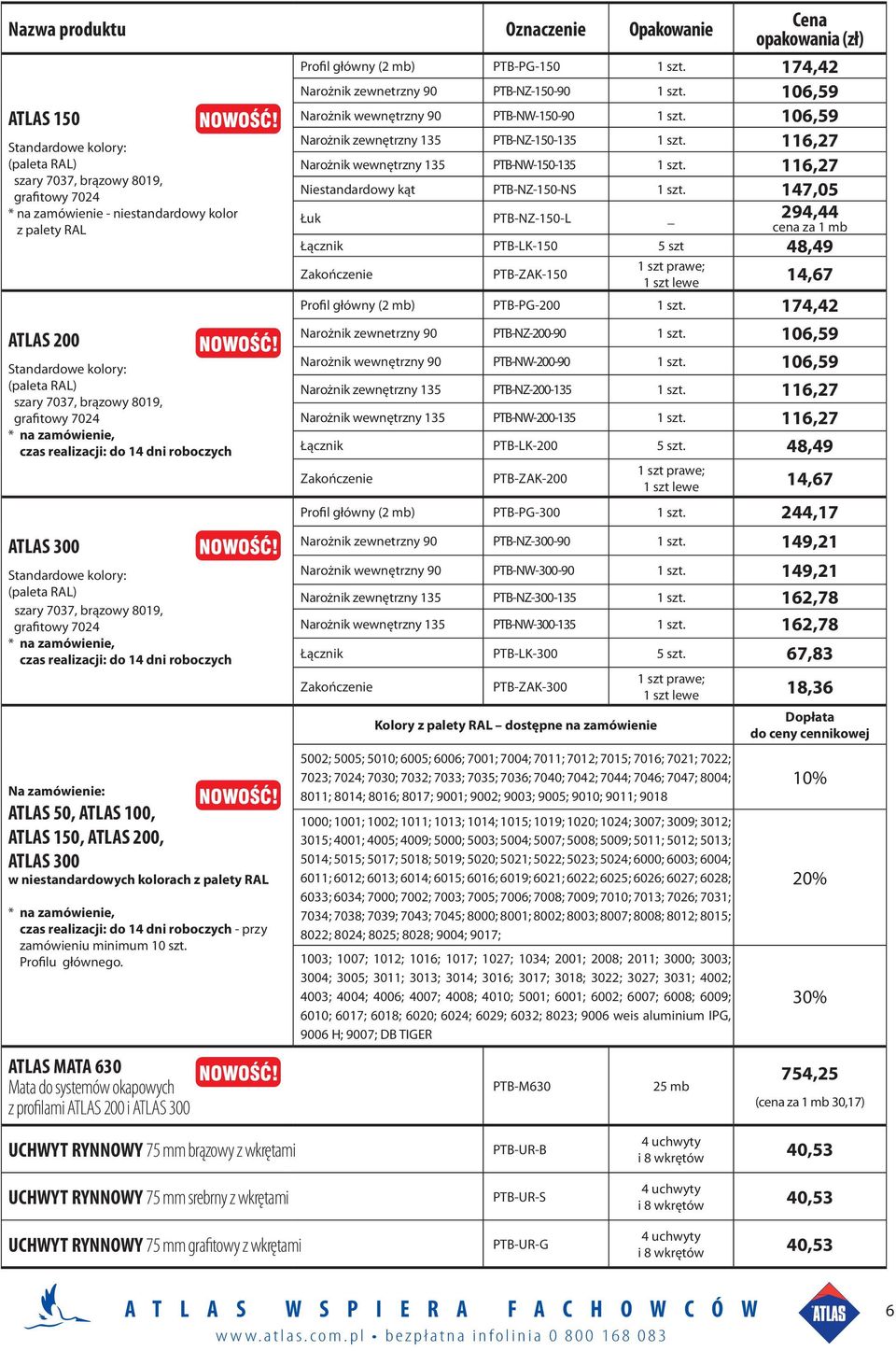 147,05 Łuk PTB-NZ-150-L _ 294,44 cena za 1 mb Nazwa produktu Oznaczenie Opakowanie ATLAS 150 Standardowe kolory: (paleta RAL) szary 7037, brązowy 8019, grafitowy 7024 * na zamówienie - niestandardowy