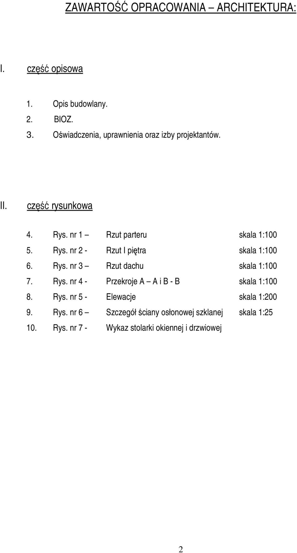 Rys. nr 3 Rzut dachu skala 1:100 7. Rys. nr 4 - Przekroje A A i B - B skala 1:100 8. Rys. nr 5 - Elewacje skala 1:200 9.