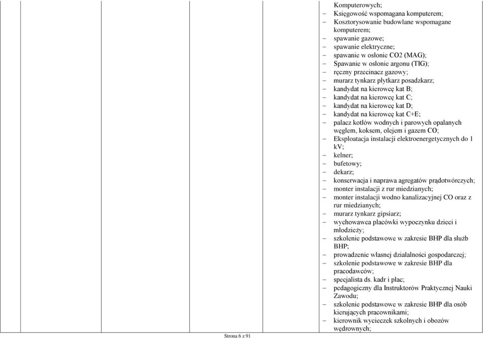 kotłów wodnych i parowych opalanych węglem, koksem, olejem i gazem CO; Eksploatacja instalacji elektroenergetycznych do 1 kv; kelner; bufetowy; dekarz; konserwacja i naprawa agregatów prądotwórczych;