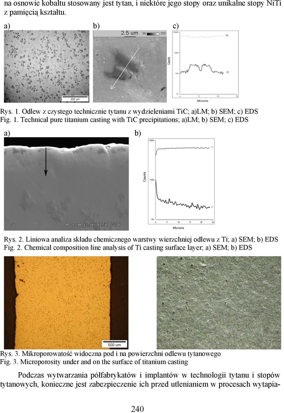 Liniowa analiza składu chemicznego warstwy wierzchniej odlewu z Ti; a) SEM; b) EDS Fig. 2. Chemical composition line analysis of Ti casting surface layer; a) SEM; b) EDS Rys. 3.