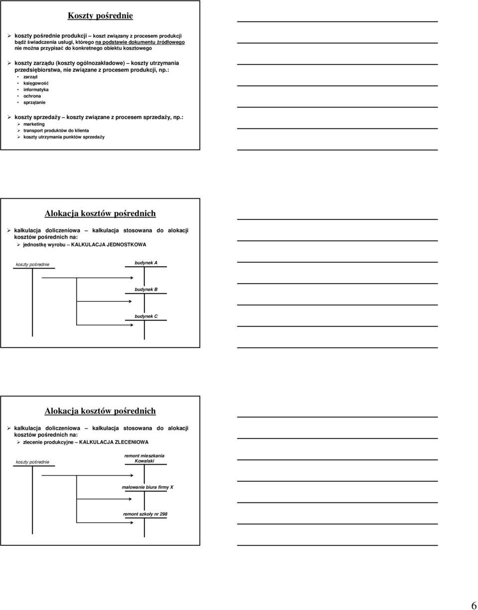 : marketing transport produktów do klienta utrzymania punktów sprzedaŝy Alokacja kosztów pośrednich kalkulacja doliczeniowa kalkulacja stosowana do alokacji kosztów pośrednich na: jednostkę wyrobu