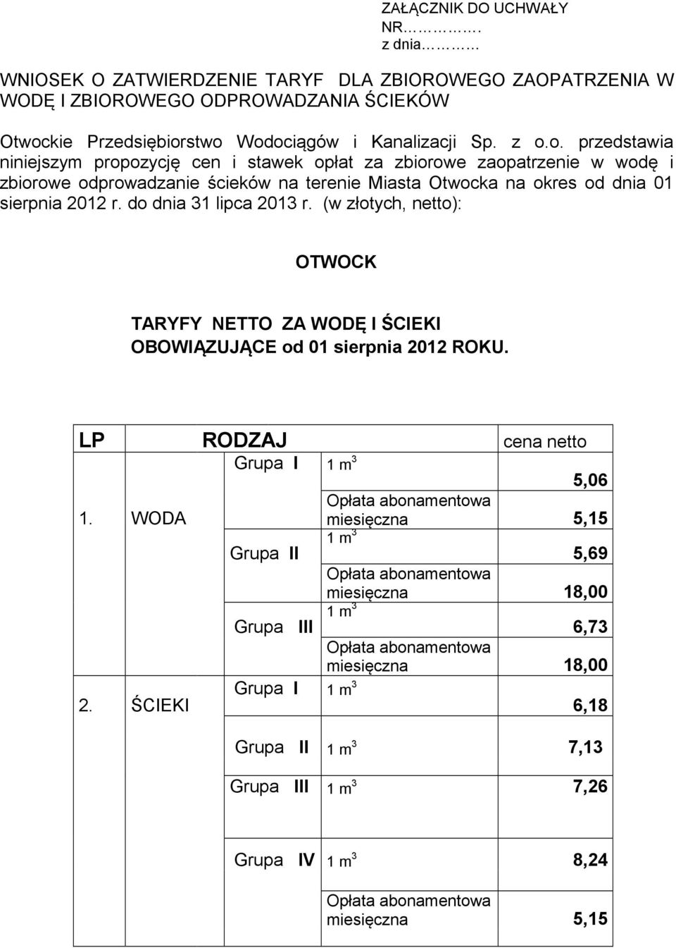 zbiorowe zaopatrzenie w wodę i zbiorowe odprowadzanie ścieków na terenie Miasta Otwocka na okres od dnia 01 sierpnia 2012 r. do dnia 31 lipca 2013 r.