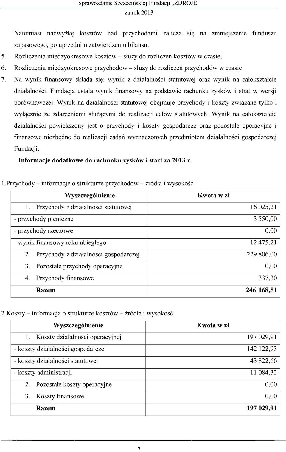 Na wynik finansowy składa się: wynik z działalności statutowej oraz wynik na całokształcie działalności. Fundacja ustala wynik finansowy na podstawie rachunku zysków i strat w wersji porównawczej.