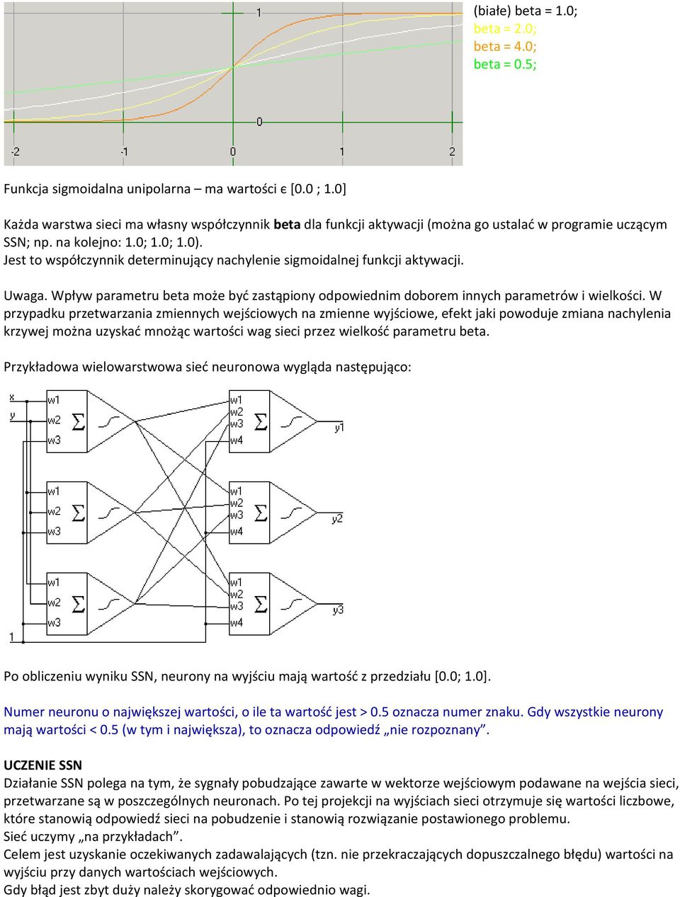 Jest to współczynnik determinujący nachylenie sigmoidalnej funkcji aktywacji. Uwaga. Wpływ parametru beta może być zastąpiony odpowiednim doborem innych parametrów i wielkości.