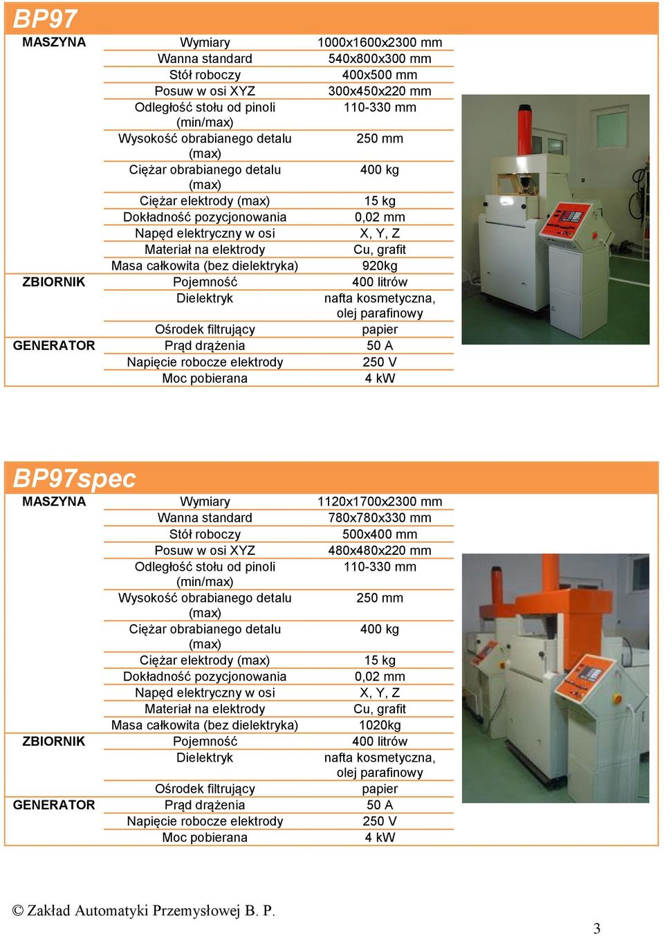 BP97spec MASZYNA Wymiary 1120x1700x2300 mm 780x780x330 mm 500x400 mm 480x480x220 mm Odległość stołu od pinoli 110-330 mm (min/max) 250 mm 400 kg Ciężar elektrody