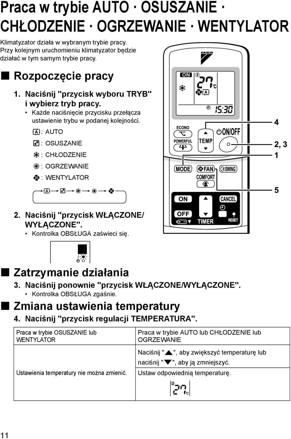 :AUTO : OSUSZANIE :CHŁODZENIE :OGRZEWANIE :WENTYLATOR 2. Naciśnij "przycisk WŁĄCZONE/ WYŁĄCZONE". Kontrolka OBSŁUGA zaświeci się. Zatrzymanie działania 3.