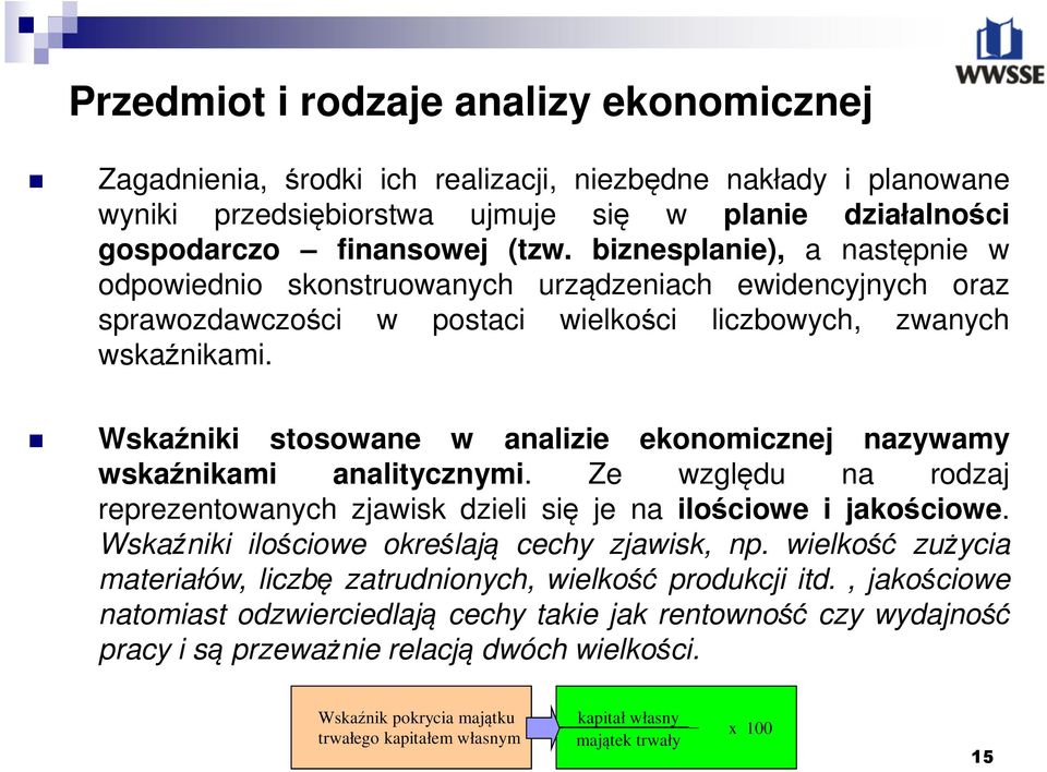 Wskaźniki stosowane w analizie ekonomicznej nazywamy wskaźnikami analitycznymi. Ze względu na rodzaj reprezentowanych zjawisk dzieli się je na ilościowe i jakościowe.