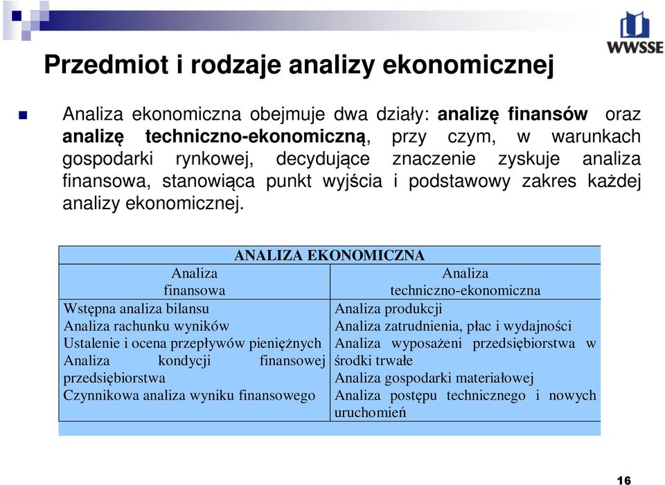 Analiza finansowa Wstępna analiza bilansu Analiza rachunku wyników Ustalenie i ocena przepływów pieniężnych Analiza kondycji finansowej przedsiębiorstwa Czynnikowa analiza wyniku