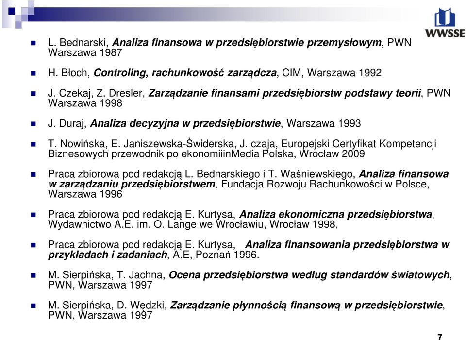 czaja, Europejski Certyfikat Kompetencji Biznesowych przewodnik po ekonomiiinmedia Polska, Wrocław 2009 Praca zbiorowa pod redakcją L. Bednarskiego i T.