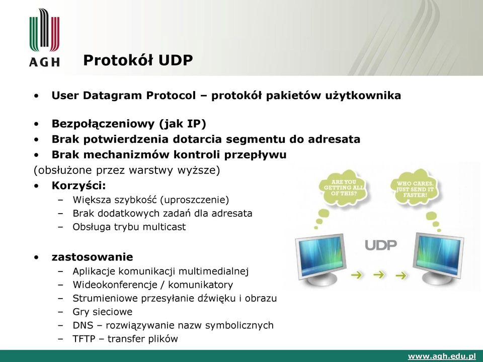 (uproszczenie) Brak dodatkowych zadań dla adresata Obsługa trybu multicast zastosowanie Aplikacje komunikacji multimedialnej