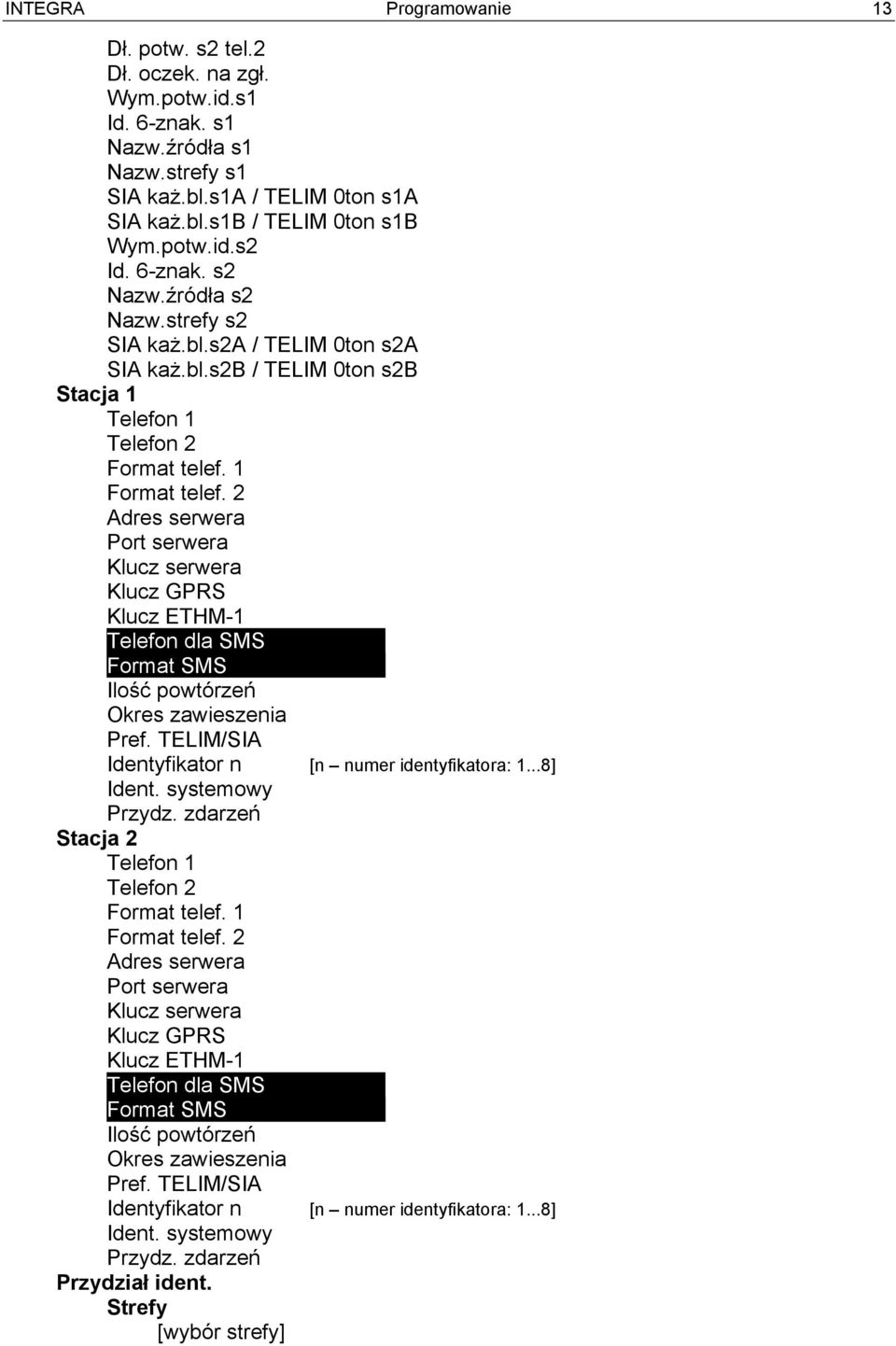 2 Adres serwera Port serwera Klucz serwera Klucz GPRS Klucz ETHM-1 Telefon dla SMS Format SMS Ilość powtórzeń Okres zawieszenia Pref. TELIM/SIA Identyfikator n [n numer identyfikatora: 1...8] Ident.