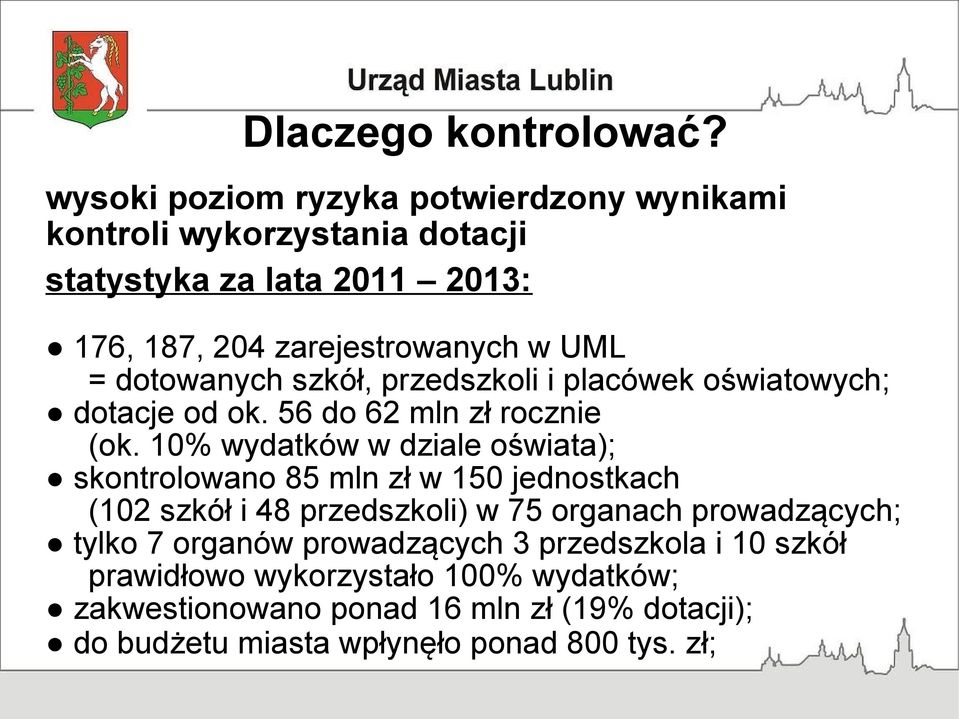 dotowanych szkół, przedszkoli i placówek oświatowych; dotacje od ok. 56 do 62 mln zł rocznie (ok.