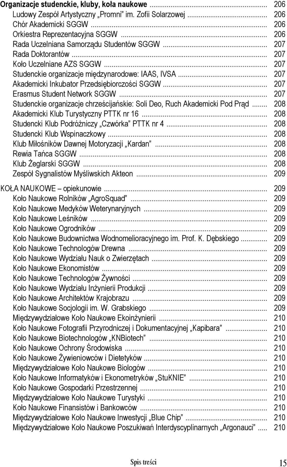 .. 207 Akademicki Inkubator Przedsiębiorczości SGGW... 207 Erasmus Student Network SGGW... 207 Studenckie organizacje chrześcijańskie: Soli Deo, Ruch Akademicki Pod Prąd.