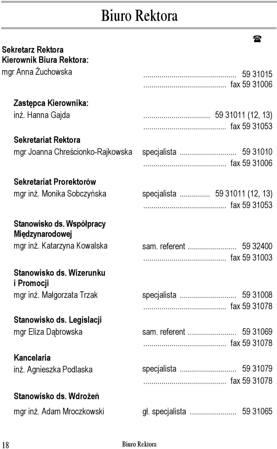 .. fax 59 31053 Stanowisko ds. Współpracy Międzynarodowej mgr inż. Katarzyna Kowalska sam. referent... 59 32400... fax 59 31003 Stanowisko ds. Wizerunku i Promocji mgr inż.