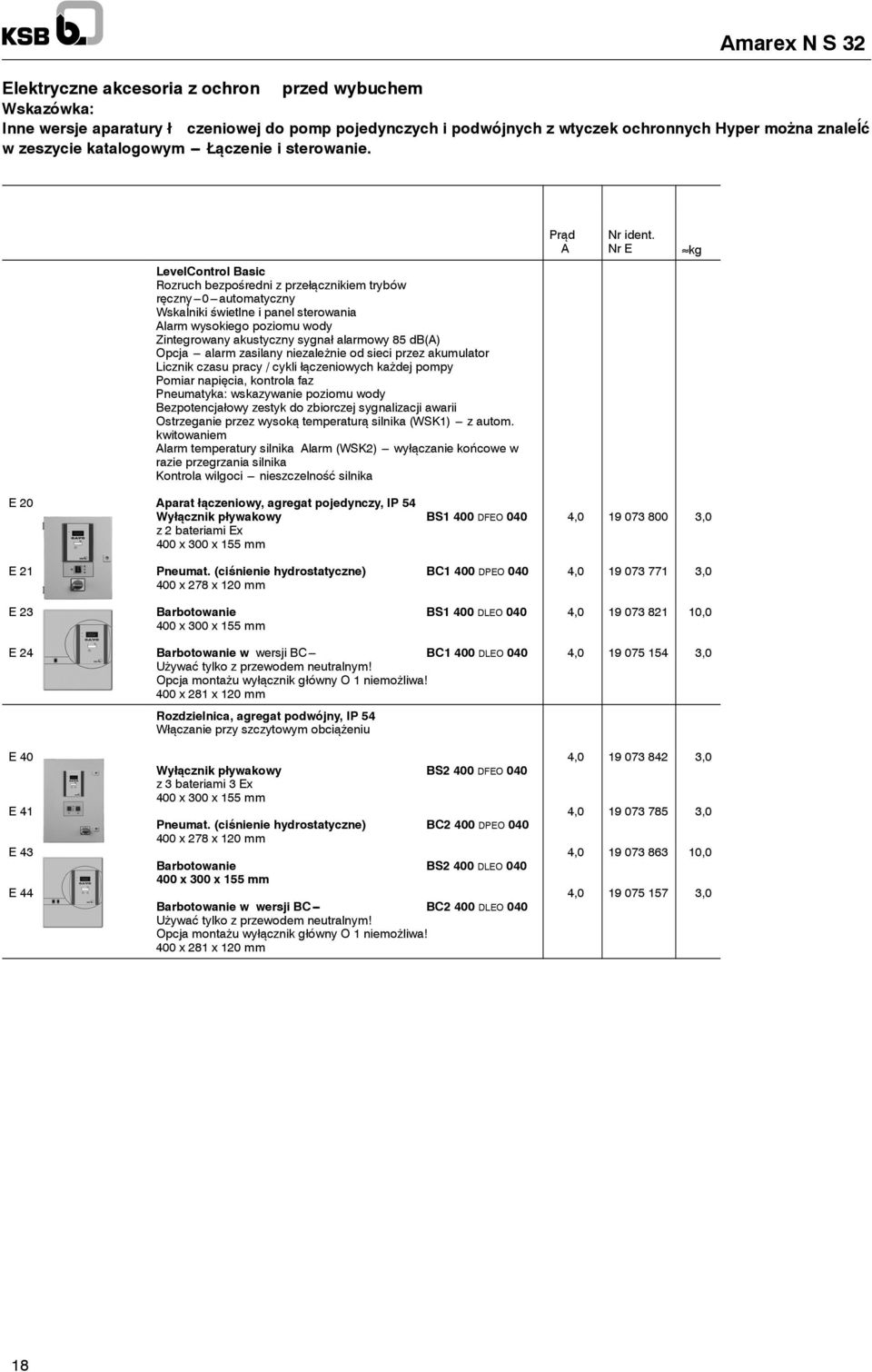 Nr E kg LevelControl Basic Rozruch bezpośredni z przełącznikiem trybów ręczny --- 0 --- automatyczny Wskaĺniki świetlne i panel sterowania Alarm wysokiego poziomu wody Zintegrowany akustyczny sygnał