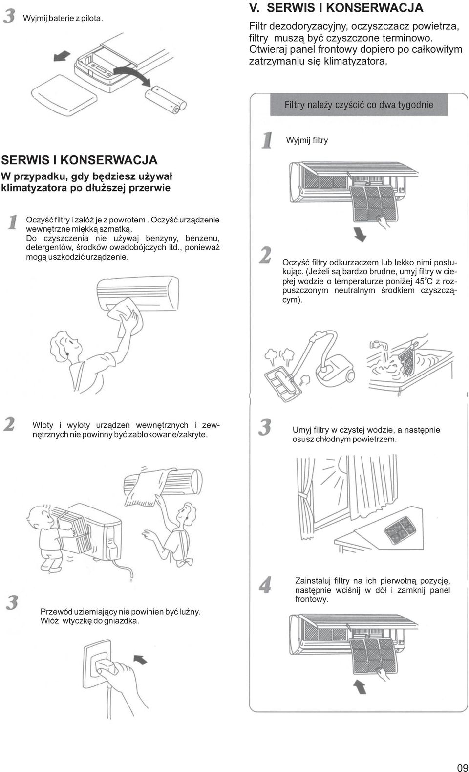 Filtry nale y czyœciæ co dwa tygodnie Wyjmij filtry SERWIS I KONSERWACJA W przypadku, gdy bêdziesz u ywa³ klimatyzatora po d³u szej przerwie Oczyœæ filtry i za³ó je z powrotem.