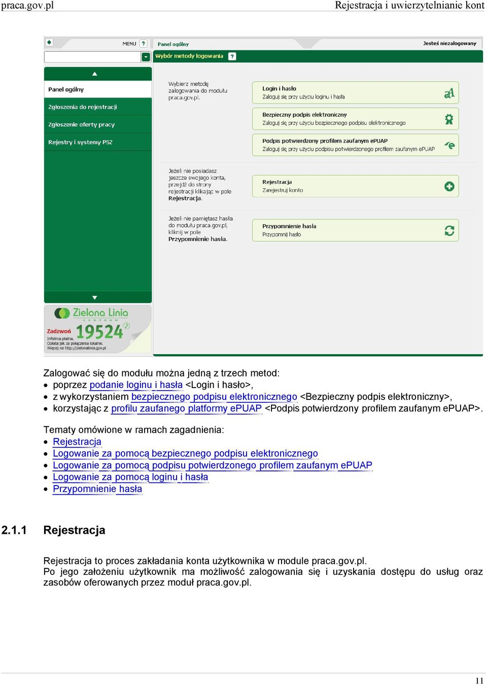 Tematy omówione w ramach zagadnienia: Rejestracja Logowanie za pomocą bezpiecznego podpisu elektronicznego Logowanie za pomocą podpisu potwierdzonego profilem zaufanym epuap Logowanie za