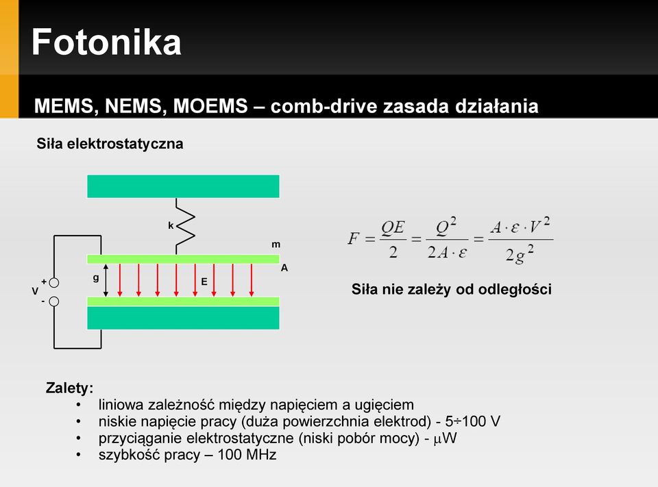 napięciem a ugięciem niskie napięcie pracy (duża powierzchnia elektrod) - 5