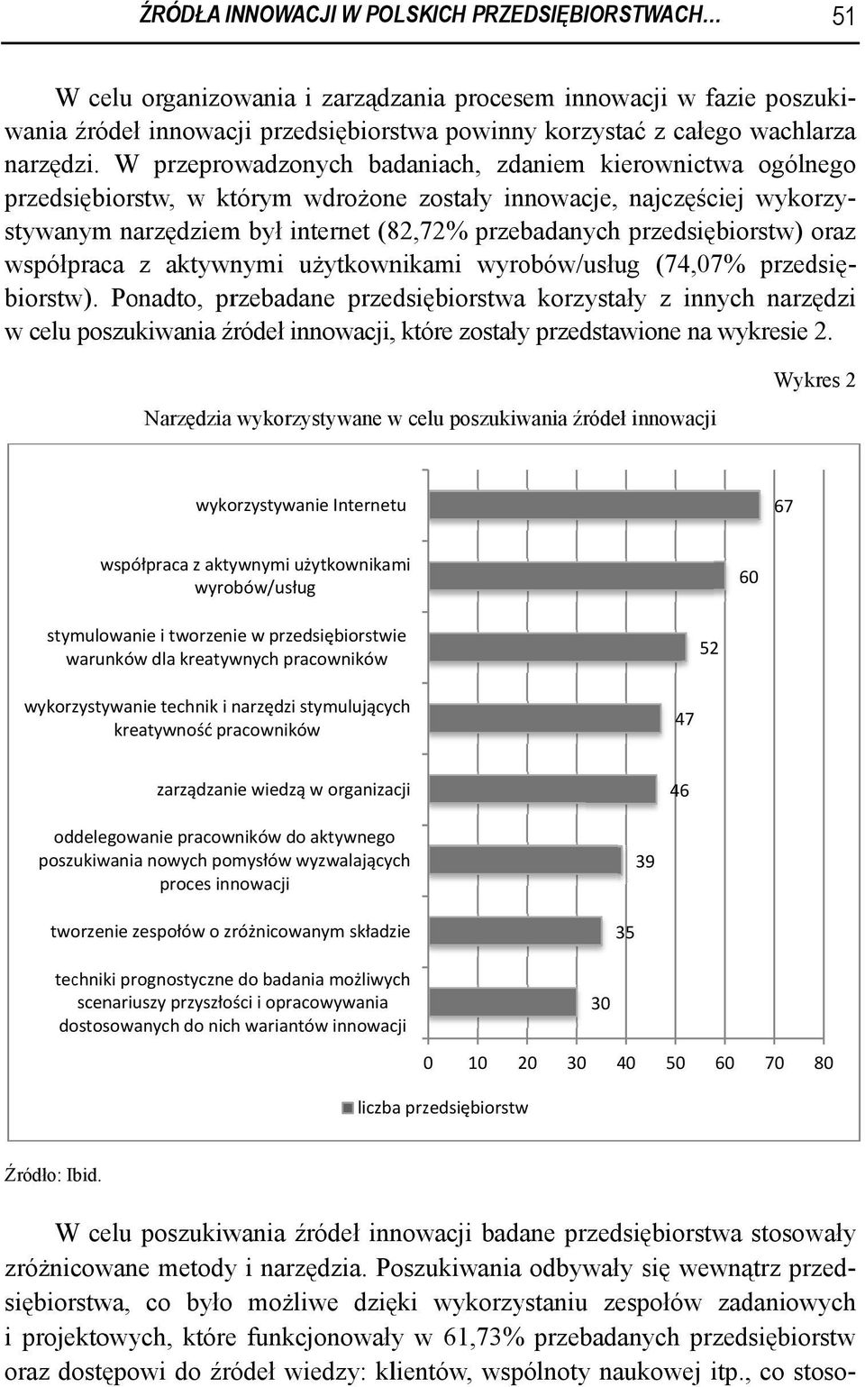 W przeprowadzonych badaniach, zdaniem kierownictwa ogólnego przedsiębiorstw, w którym wdrożone zostały innowacje, najczęściej wykorzy- stywanym narzędziem był internet (82,72% przebadanych