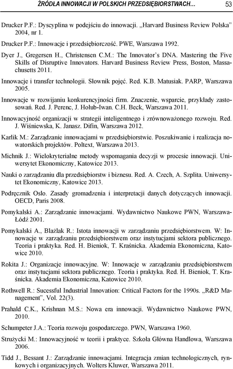 Innowacje i transfer technologii. Słownik pojęć. Red. K.B. Matusiak. PARP, Warszawa 2005. Innowacje w rozwijaniu konkurencyjności firm. Znaczenie, wsparcie, przykłady zastosowań. Red. J. Perenc, J.