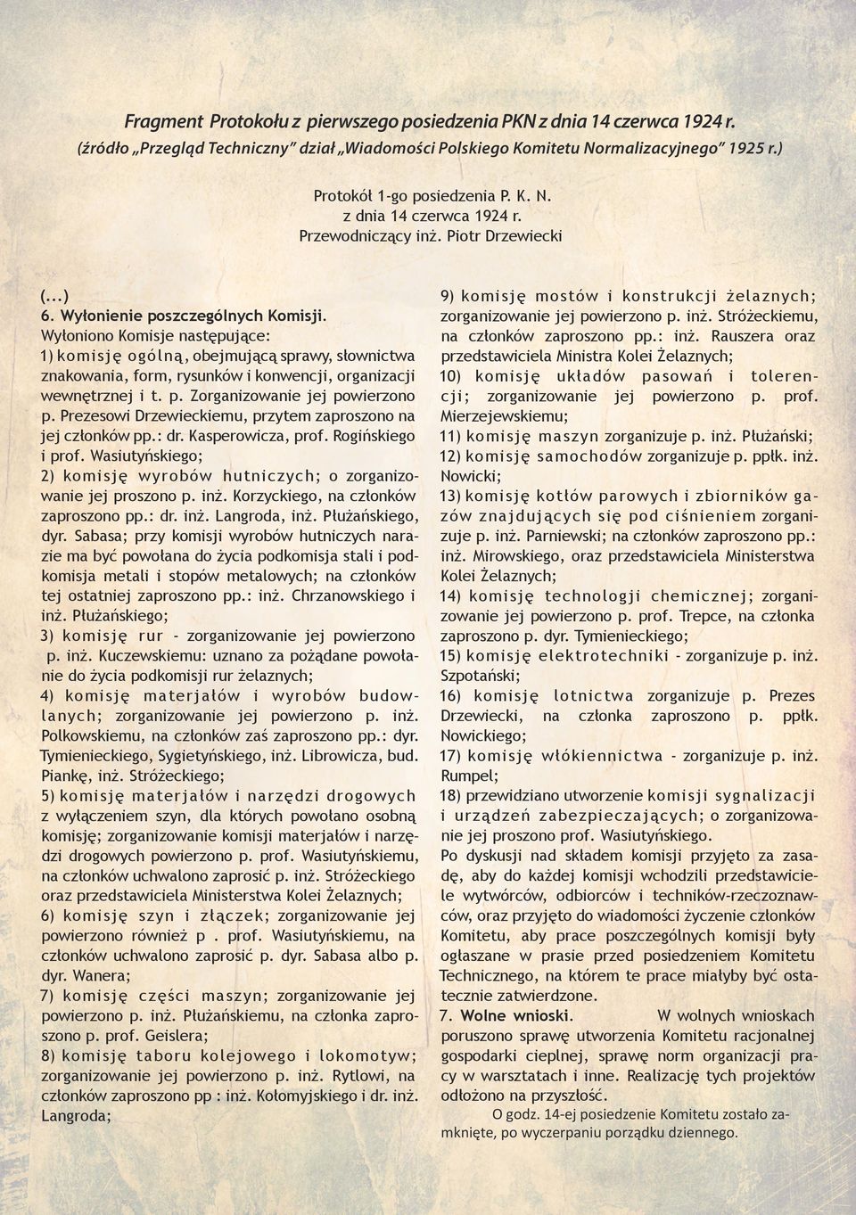 Wyłoniono Komisje następujące: 1) komisję ogólną, obejmującą sprawy, słownictwa znakowania, form, rysunków i konwencji, organizacji wewnętrznej i t. p. Zorganizowanie jej powierzono p.