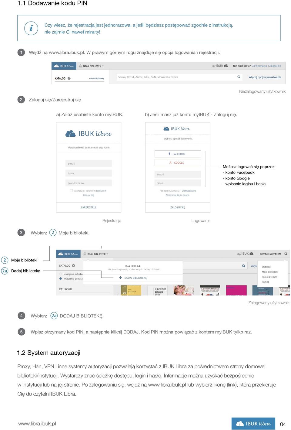 Możesz logować się poprzez: - konto Facebook - konto Google - wpisanie loginu i hasła Rejestracja Logowanie Wybierz Moje biblioteki.