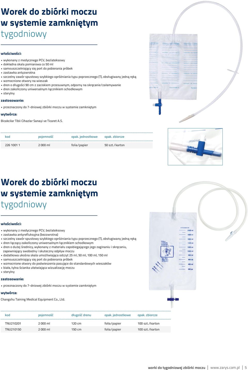 dren zakończony uniwersalnym łącznikiem schodkowym przeznaczony do 7-dniowej zbiórki moczu w systemie zamkniętym Bicakcilar Tibii Cihazlar Sanayi ve Ticaret A.S. kod pojemność opak. jednostkowe opak.