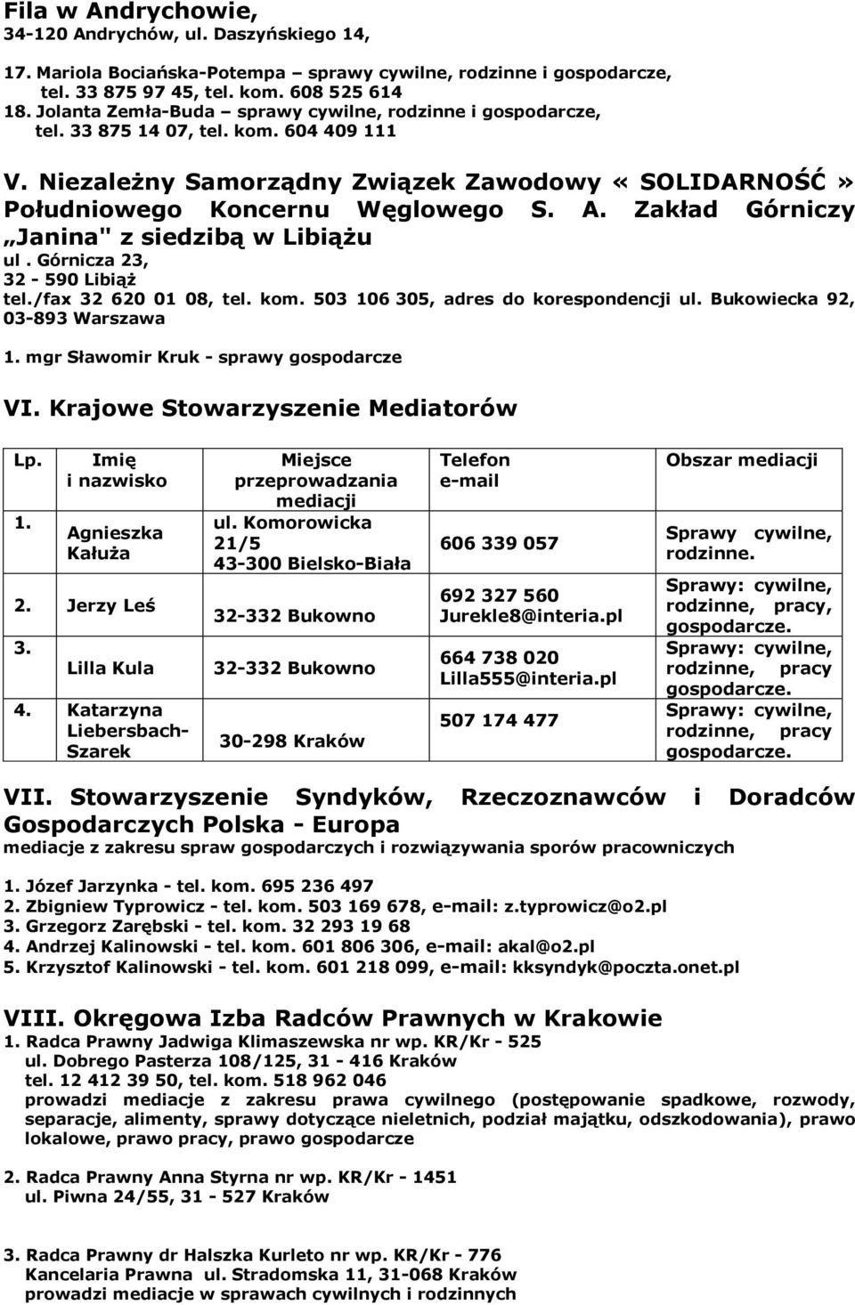 Zakład Górniczy Janina" z siedzibą w Libiążu ul. Górnicza 23, 32-590 Libiąż tel./fax 32 620 01 08, tel. kom. 503 106 305, adres do korespondencji, 03-893 1. mgr Sławomir Kruk - sprawy gospodarcze VI.