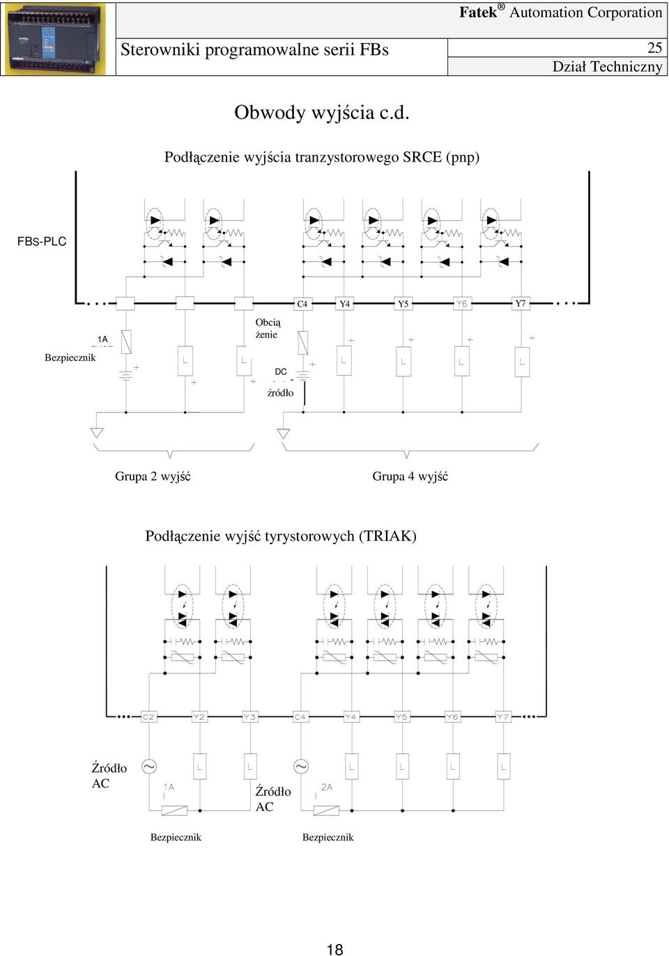 Podłączenie wyjścia tranzystorowego SRCE (pnp) FBS-PLC 1A FUSE Bezpiecznik C4