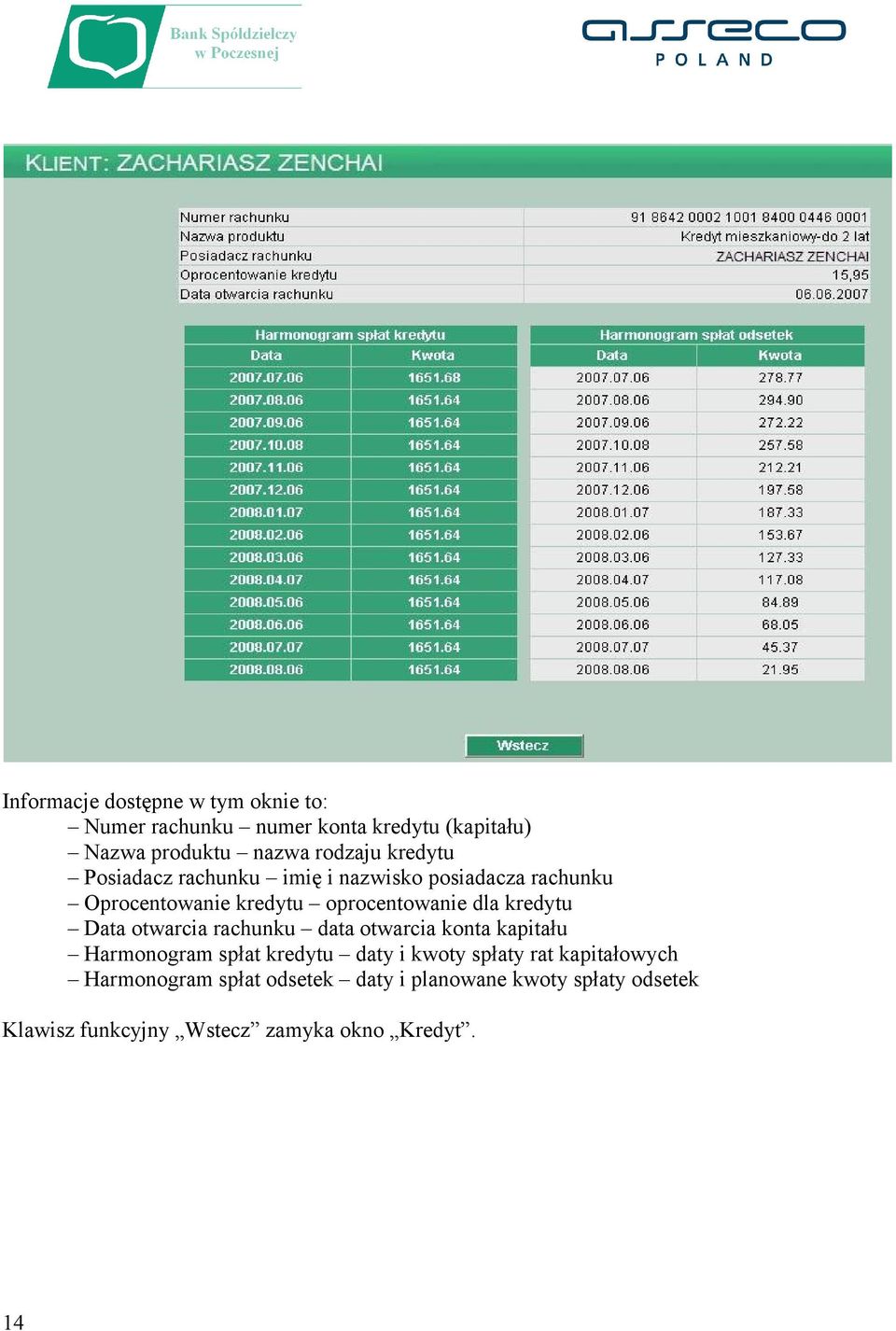 Data otwarcia rachunku data otwarcia konta kapitału Harmonogram spłat kredytu daty i kwoty spłaty rat