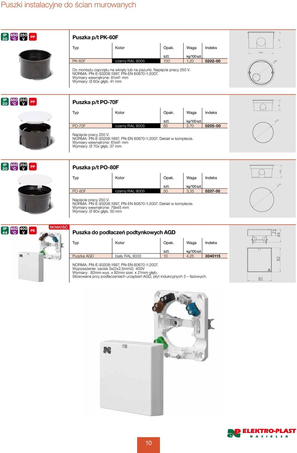 NORMA: PN-E-93208:1997, PN-EN 070-1:2007. Dekiel w komplecie. Wymiary wewnętrzne: 1x41 mm Wymiary: Ø 70x głęb. 37 mm Puszka p/t PO-80F PO-80F czarny RAL 9005 50 3,35 0207-00 Napięcie pracy 250.