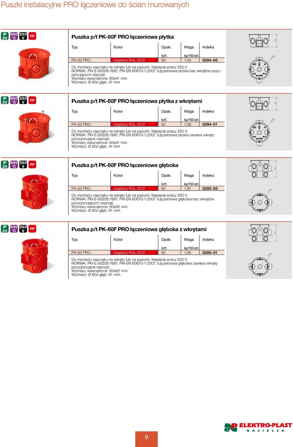 41 mm Puszka p/t PK-0F PRO łączeniowa płytka z wkrętami 43 PK-0 PRO ceglasty RAL 2012 90 1,5 0284-01 0 Do montażu osprzętu na wkręty lub na pazurki. Napięcie pracy 250.