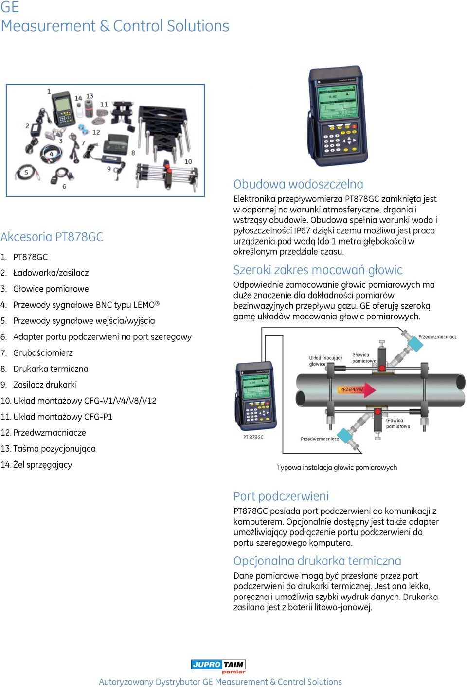 Żel sprzęgający Obudowa wodoszczelna Elektronika przepływomierza PT878GC zamknięta jest w odpornej na warunki atmosferyczne, drgania i wstrząsy obudowie.