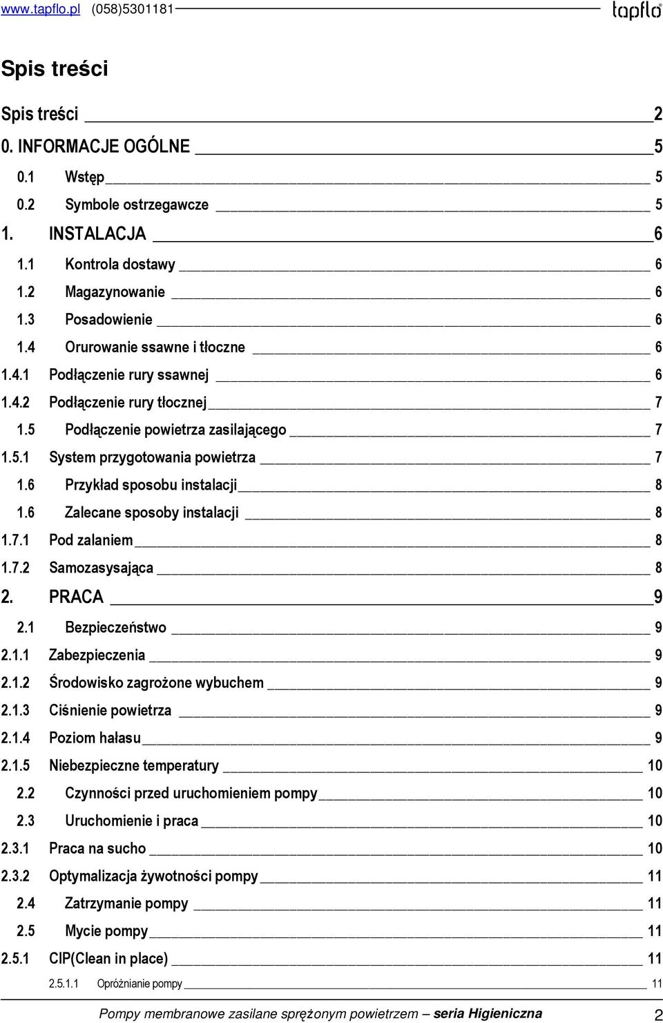 6 Przykład sposobu instalacji 8 1.6 Zalecane sposoby instalacji 8 1.7.1 Pod zalaniem 8 1.7.2 Samozasysająca 8 2. PRACA 9 2.1 Bezpieczeństwo 9 2.1.1 Zabezpieczenia 9 2.1.2 Środowisko zagrożone wybuchem 9 2.