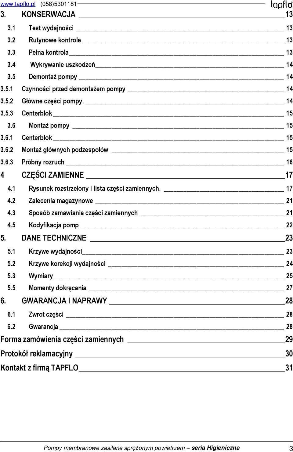 17 4.2 Zalecenia magazynowe 21 4.3 Sposób zamawiania części zamiennych 21 4.5 Kodyfikacja pomp 22 5. DANE TECHNICZNE 23 5.1 Krzywe wydajności 23 5.2 Krzywe korekcji wydajności 24 5.3 Wymiary 25 5.