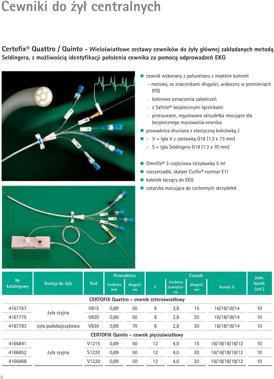 przesuwane, regulowane skrzydełka mocujące dla bezpiecznego mocowania cewnika prowadnica druciana z elastyczną końcówką J - V = Igła V z zastawką G18 (1.3 x 73 mm) - S = Igła Seldingera G18 (1.