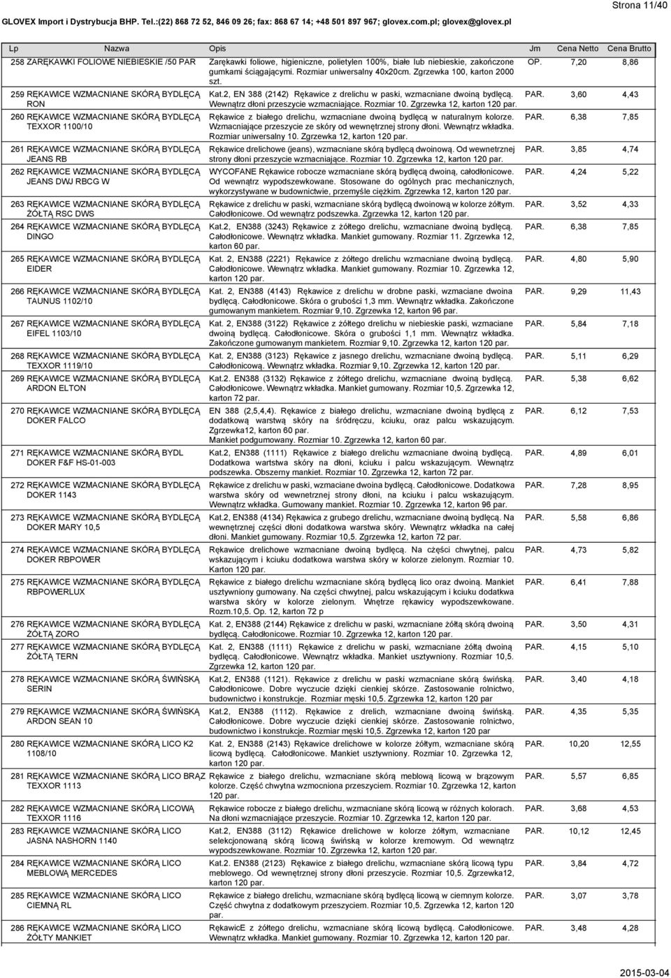 259 RĘKAWICE WZMACNIANE SKÓRĄ BYDLĘCĄ RON 260 RĘKAWICE WZMACNIANE SKÓRĄ BYDLĘCĄ TEXXOR 1100/10 261 RĘKAWICE WZMACNIANE SKÓRĄ BYDLĘCĄ JEANS RB 262 RĘKAWICE WZMACNIANE SKÓRĄ BYDLĘCĄ JEANS DWJ RBCG W