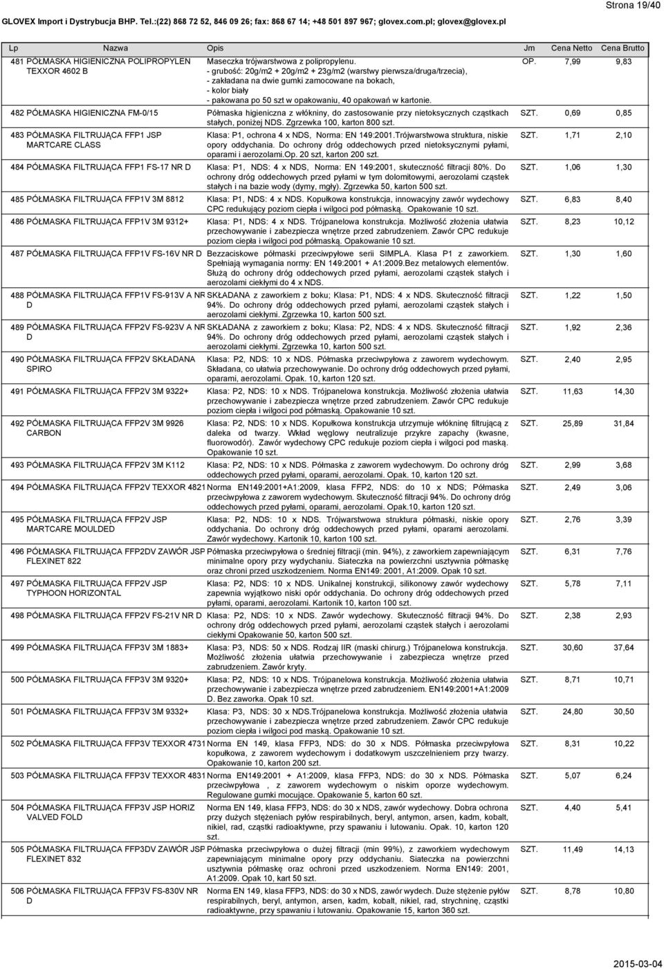 7,99 9,83 482 PÓŁMASKA HIGIENICZNA FM-0/15 Półmaska higieniczna z włókniny, do zastosowanie przy nietoksycznych cząstkach SZT. 0,69 0,85 stałych, poniżej NDS. Zgrzewka 100, karton 800 szt.