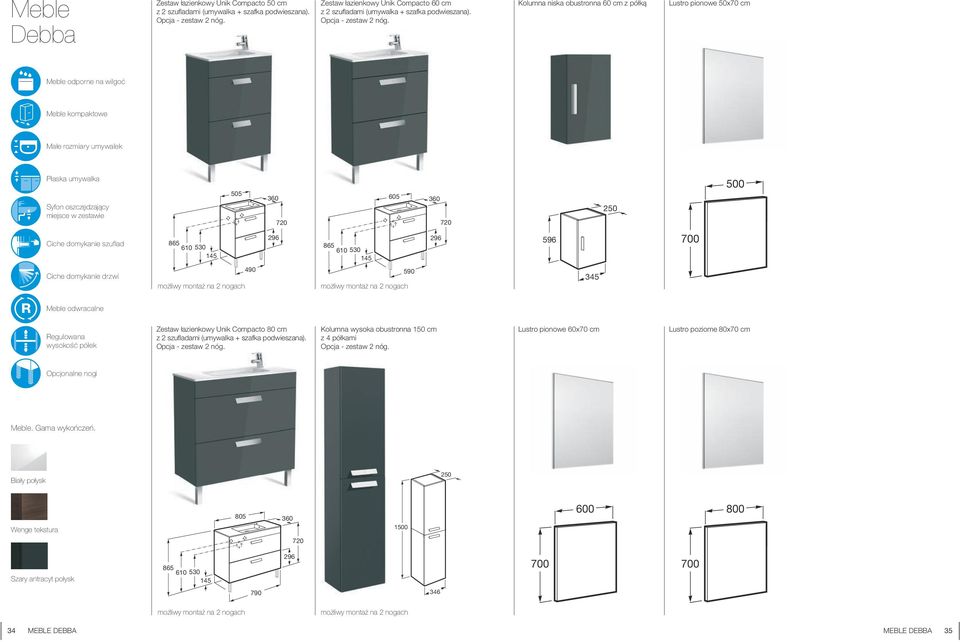 605 360 596 700 Ciche domykanie drzwi Meble odwracalne Regulowana wysokość półek 490 możliwy montaż na 2 nogach 605 590 360 Zestaw łazienkowy Unik Compacto 80 cm z 2 szufl adami możliwy montaż na 2